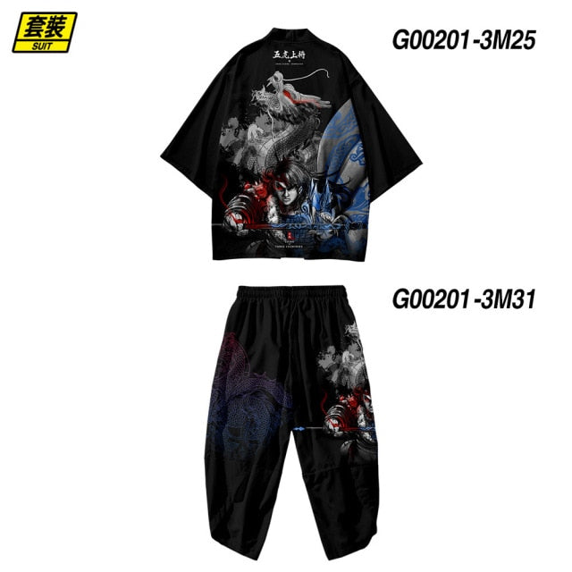 Plus Size XS-6XL Black Fox Printing Japanese Style Fashion Kimono And Pant Set Men Cardigan Blouse Haori Obi Asian Clothes