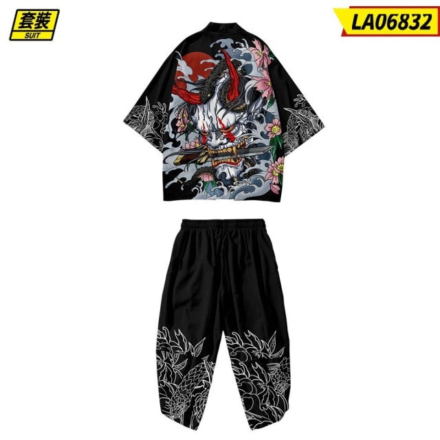 Plus Size XS-6XL Black Fox Printing Japanese Style Fashion Kimono And Pant Set Men Cardigan Blouse Haori Obi Asian Clothes