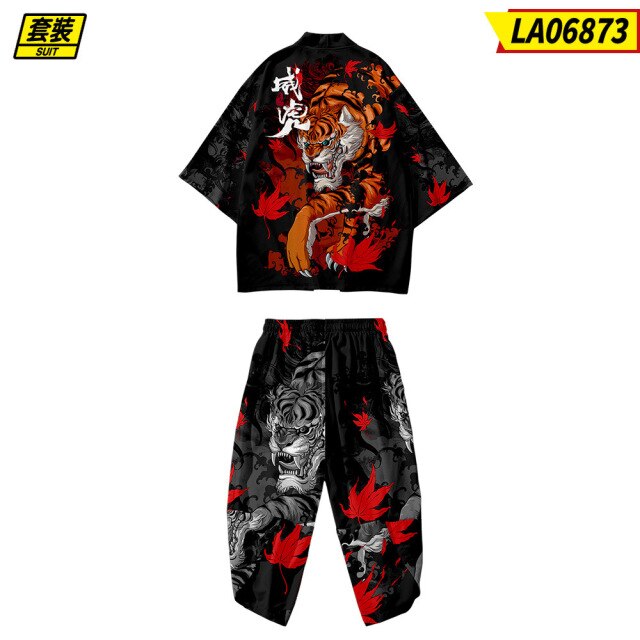Plus Size XS-6XL Black Fox Printing Japanese Style Fashion Kimono And Pant Set Men Cardigan Blouse Haori Obi Asian Clothes