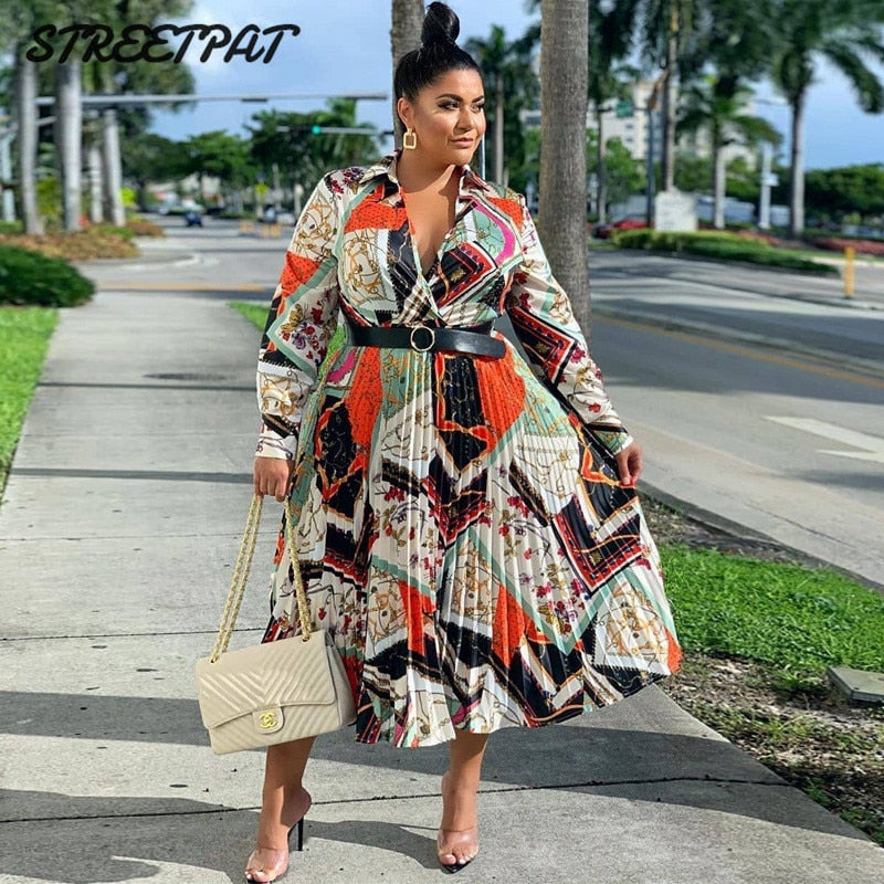 Plus Size African Clothes Women Summer Maxi Dress Vintage Belt Print Long Sleeve Dress