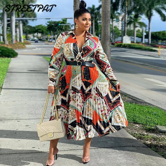 Plus Size African Clothes Women Summer Maxi Dress Vintage Belt Print Long Sleeve Dress