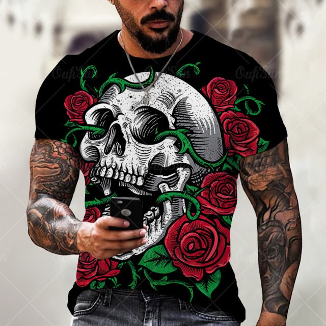Men Street Skull Head 3D Printing Unisex Clothes Plus Size Comfortable Round Neck