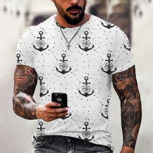 Boat Anchor Print MenT Shirt O-Neck Short Sleeve Casual Loose T-Shirt Plus Size