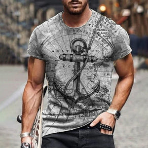 Boat Anchor Print MenT Shirt O-Neck Short Sleeve Casual Loose T-Shirt Plus Size