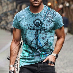 Boat Anchor Print MenT Shirt O-Neck Short Sleeve Casual Loose T-Shirt Plus Size