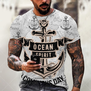 Boat Anchor Print MenT Shirt O-Neck Short Sleeve Casual Loose T-Shirt Plus Size