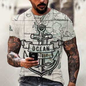 Boat Anchor Print MenT Shirt O-Neck Short Sleeve Casual Loose T-Shirt Plus Size