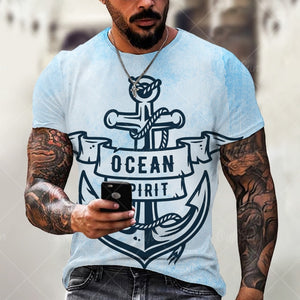 Boat Anchor Print MenT Shirt O-Neck Short Sleeve Casual Loose T-Shirt Plus Size