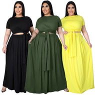 Plus Size Outfits 4xl 5xl Fashion Round Collar Solid Color Bandage Swing Two Piece Set