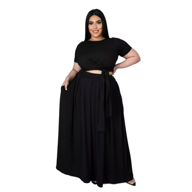 Plus Size Outfits 4xl 5xl Fashion Round Collar Solid Color Bandage Swing Two Piece Set