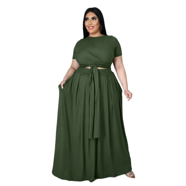 Plus Size Outfits 4xl 5xl Fashion Round Collar Solid Color Bandage Swing Two Piece Set