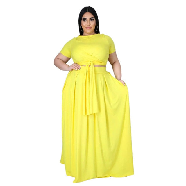 Plus Size Outfits 4xl 5xl Fashion Round Collar Solid Color Bandage Swing Two Piece Set