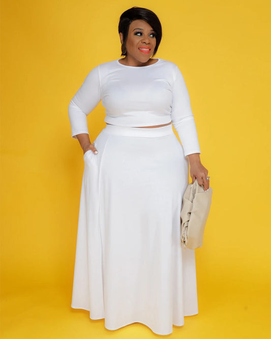 Plus Size Two Piece Set Long Sleeve Tops High Waist Slit Maxi Skirts Sets Matching Suit