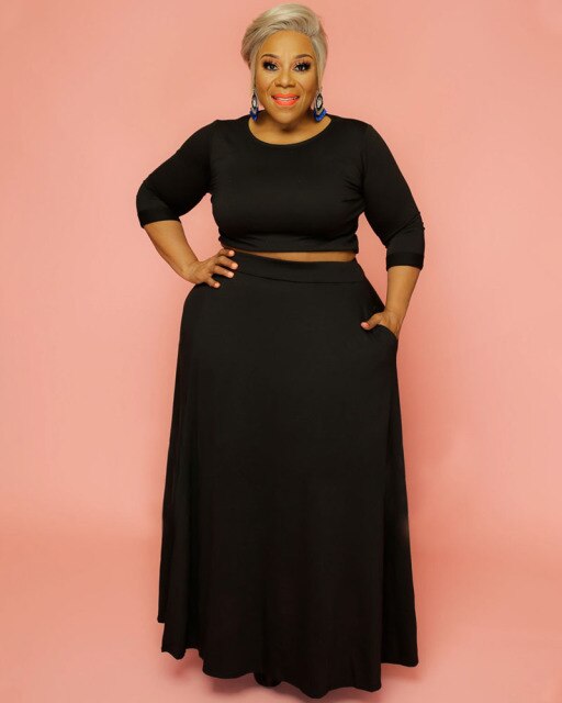 Plus Size Two Piece Set Long Sleeve Tops High Waist Slit Maxi Skirts Sets Matching Suit