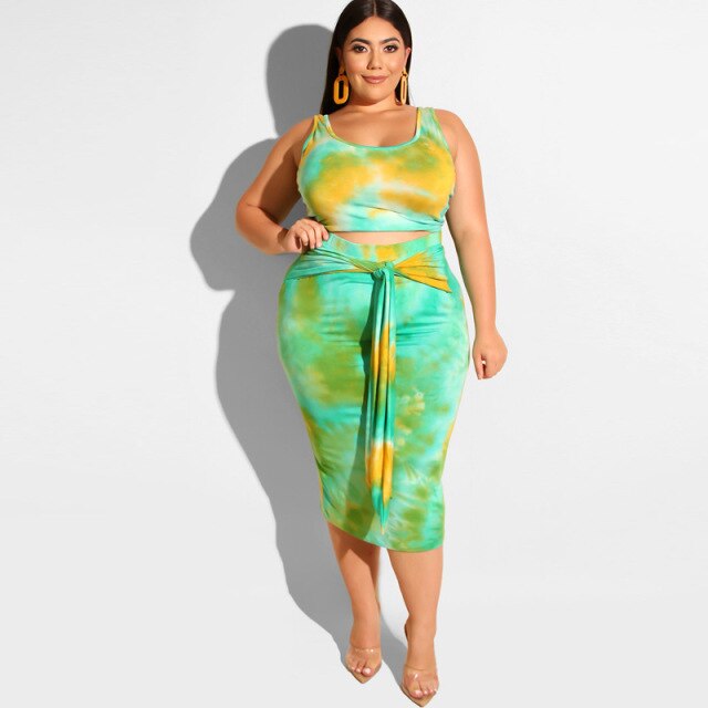 Summer Women Two Piece Outfits Prairie Chic Style New Tie-dye Printed Tight-fitting Bag Hips Fashion  2 Piece Set Plus Size
