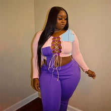 Load image into Gallery viewer, Plus Size Two Piece Set Ladies Fall Sexy Outfit Long Sleeve Crop Top and Pants Sets