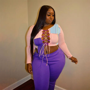 Plus Size Two Piece Set Ladies Fall Sexy Outfit Long Sleeve Crop Top and Pants Sets