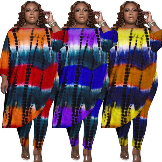 Plus Size Women&#39;s Outfit Tie Dye Printing Loose Oblique Shoulder