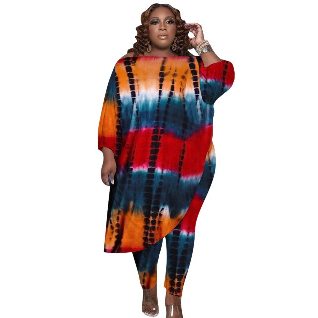 Plus Size Women&#39;s Outfit Tie Dye Printing Loose Oblique Shoulder