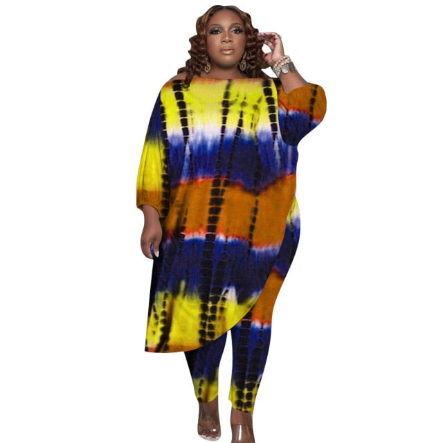 Plus Size Women&#39;s Outfit Tie Dye Printing Loose Oblique Shoulder