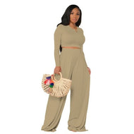 Two Piece Set for Women Long Sleeve Crop Top Wide Leg Trousers Suit Loose Pants Outfit