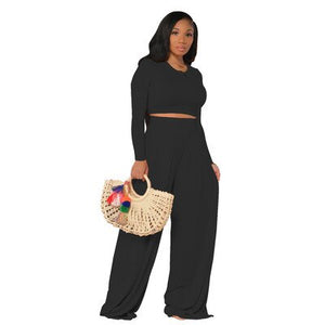 Two Piece Set for Women Long Sleeve Crop Top Wide Leg Trousers Suit Loose Pants Outfit