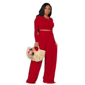 Two Piece Set for Women Long Sleeve Crop Top Wide Leg Trousers Suit Loose Pants Outfit