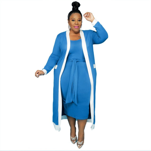 XL-4XL Fall 2021 Fashion Plus Size Women Clothing Two Piece Set Elegant Long Sleeve Coat & Dress Suits Female Outfits Wholesale