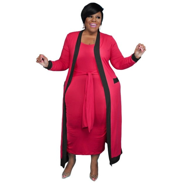 XL-4XL Fall 2021 Fashion Plus Size Women Clothing Two Piece Set Elegant Long Sleeve Coat & Dress Suits Female Outfits Wholesale