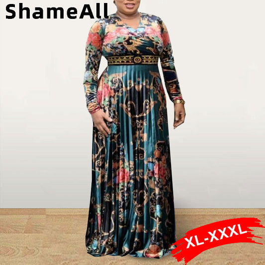 Plus Size Wrap V Neck Long Sleeve Vintage Floral Print Pleated Gown Dresses