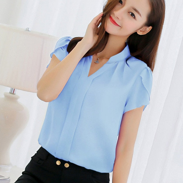 Women Shirt Chiffon Blusas Femininas Tops Short Sleeve Elegant Ladies Formal Office Blouse Plus Size