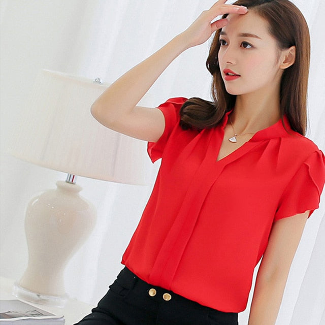 Women Shirt Chiffon Blusas Femininas Tops Short Sleeve Elegant Ladies Formal Office Blouse Plus Size
