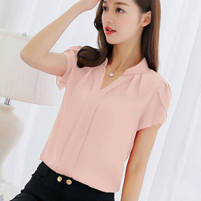 Women Shirt Chiffon Blusas Femininas Tops Short Sleeve Elegant Ladies Formal Office Blouse Plus Size
