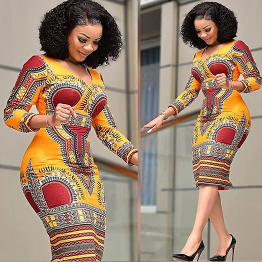 African Floral Print Retro Dress V-neck Bodycon Plus Size