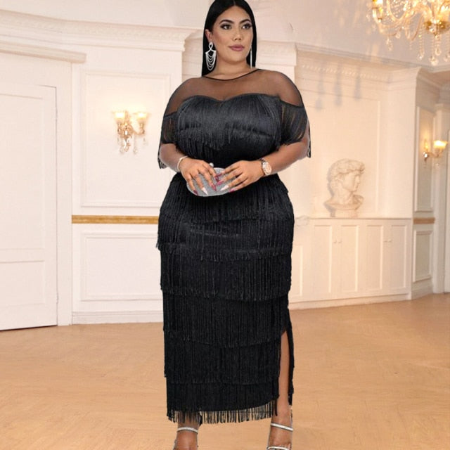 Elegant Tassel Long Dresses Bodycon Tulle Patchwork Curvy Plus Size