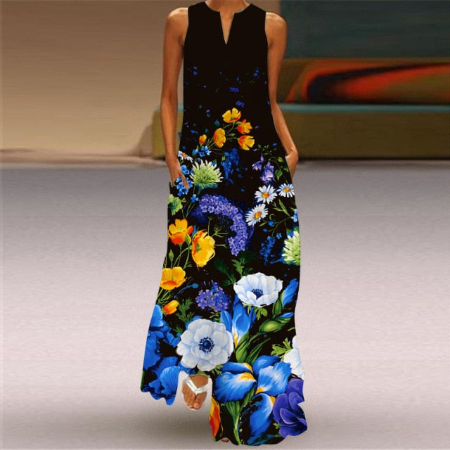 Women Plus Size Dress 5XL Sexy V Neck Floral Leaves Print Boho Beach Dress Pockets A Line Loose Chiffon Long Maxi Party Dresses