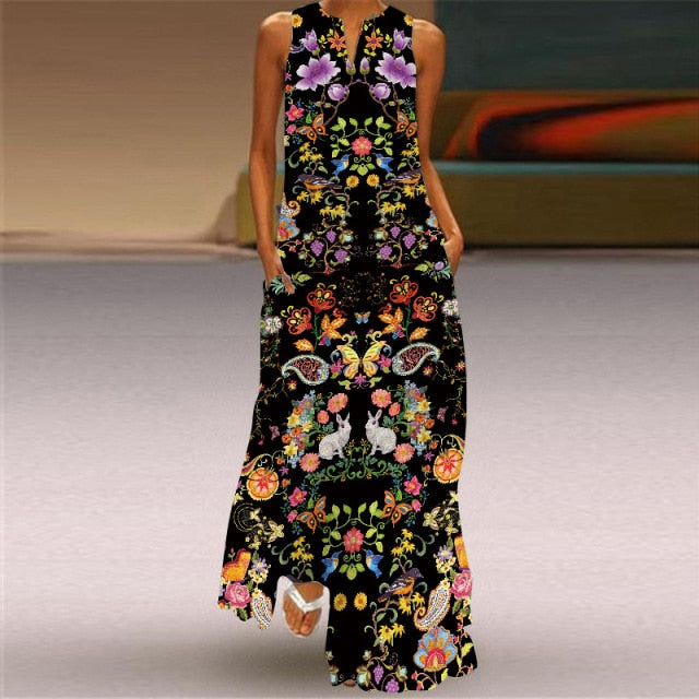 Women Plus Size Dress 5XL Sexy V Neck Floral Leaves Print Boho Beach Dress Pockets A Line Loose Chiffon Long Maxi Party Dresses