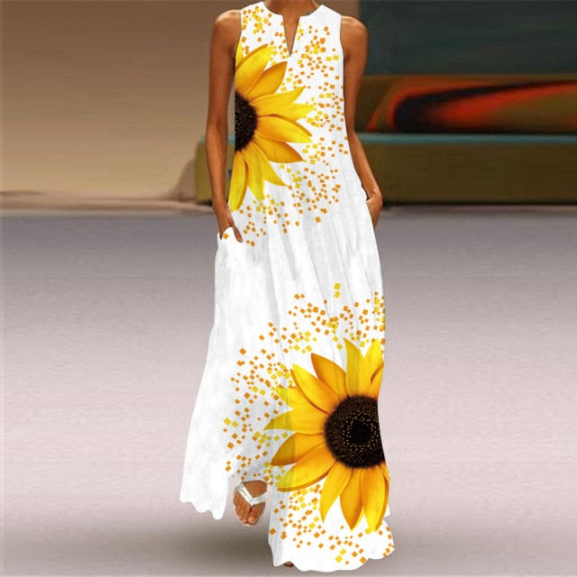 Women Plus Size Dress 5XL Sexy V Neck Floral Leaves Print Boho Beach Dress Pockets A Line Loose Chiffon Long Maxi Party Dresses