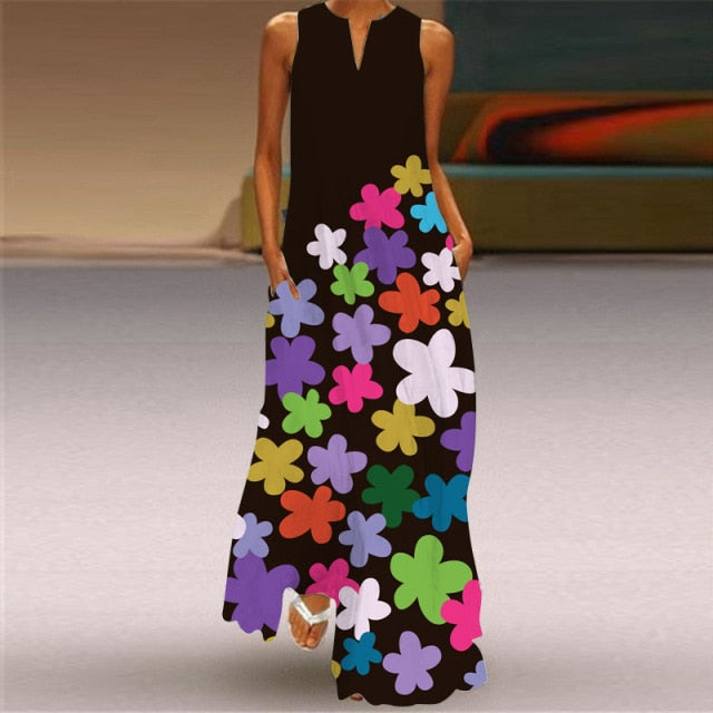 Women Plus Size Dress 5XL Sexy V Neck Floral Leaves Print Boho Beach Dress Pockets A Line Loose Chiffon Long Maxi Party Dresses