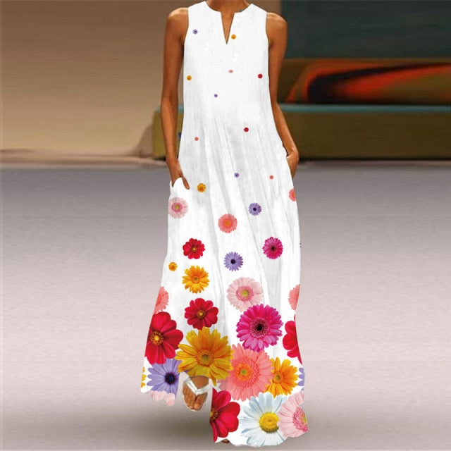 Women Plus Size Dress 5XL Sexy V Neck Floral Leaves Print Boho Beach Dress Pockets A Line Loose Chiffon Long Maxi Party Dresses