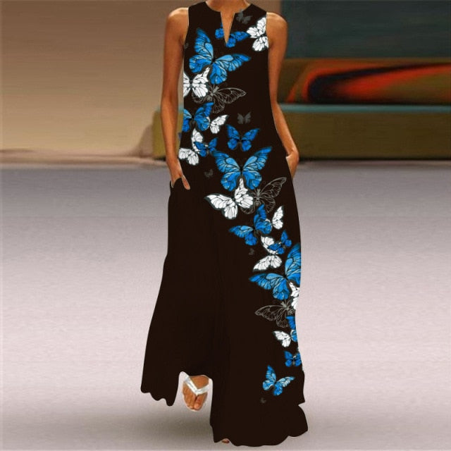 Long Dress Casual A Line Loose Chiffon Beach Party Dress Black Sexy Sleeveless V Neck