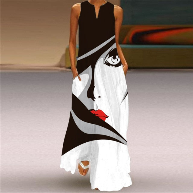 Long Dress Casual A Line Loose Chiffon Beach Party Dress Black Sexy Sleeveless V Neck