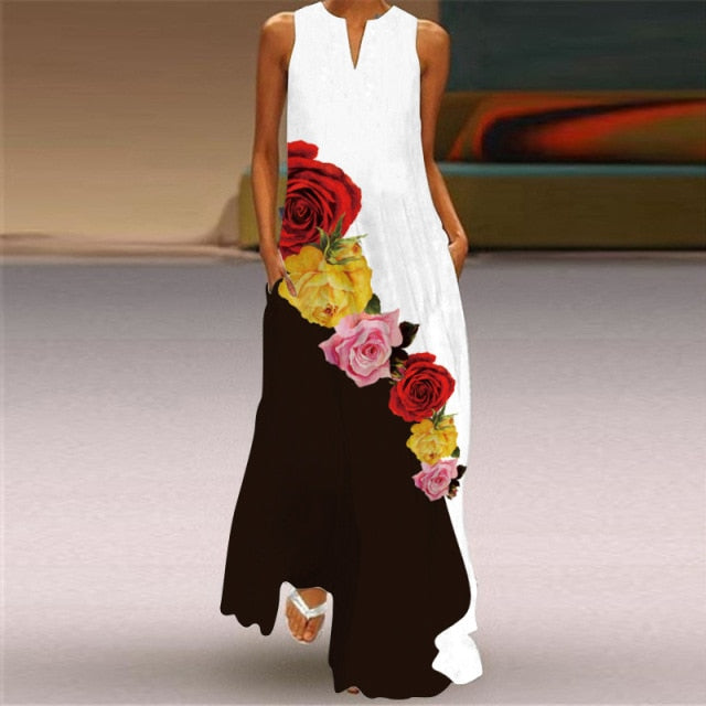 Long Dress Casual A Line Loose Chiffon Beach Party Dress Black Sexy Sleeveless V Neck