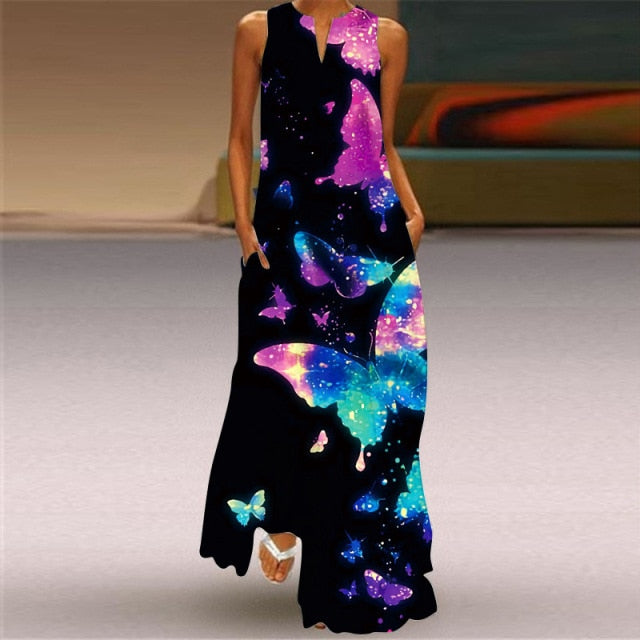 Long Dress Casual A Line Loose Chiffon Beach Party Dress Black Sexy Sleeveless V Neck
