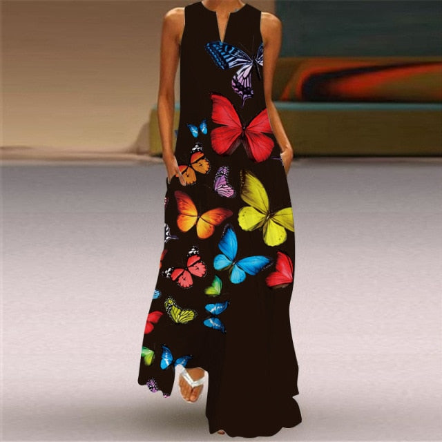 Long Dress Casual A Line Loose Chiffon Beach Party Dress Black Sexy Sleeveless V Neck