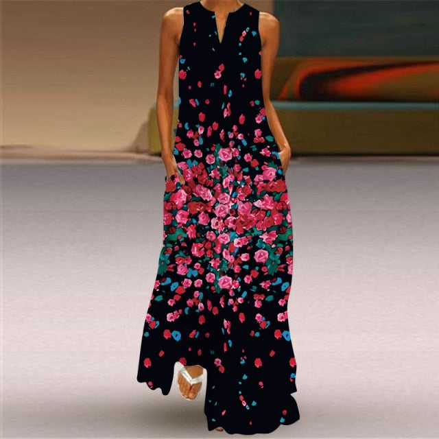 Long Dress Casual A Line Loose Chiffon Beach Party Dress Black Sexy Sleeveless V Neck