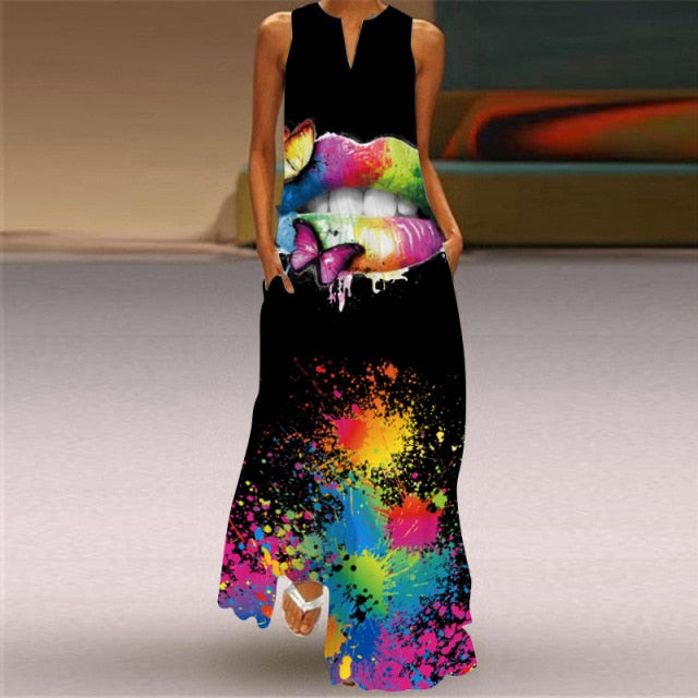 Long Dress Casual A Line Loose Chiffon Beach Party Dress Black Sexy Sleeveless V Neck