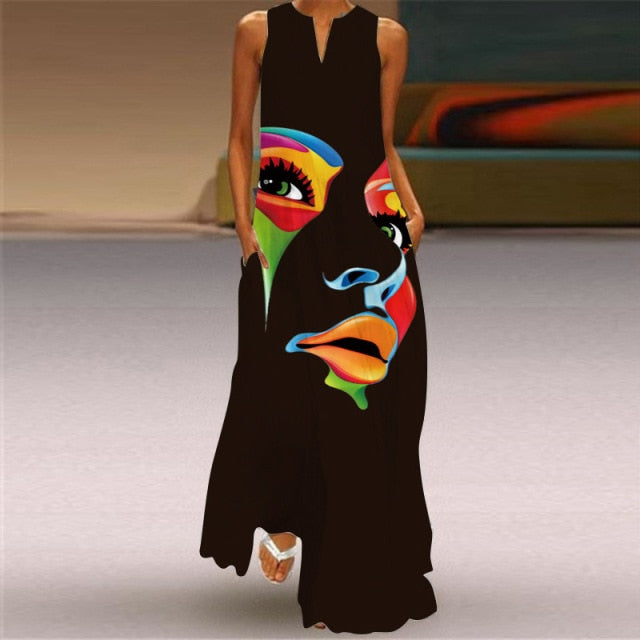 Long Dress Casual A Line Loose Chiffon Beach Party Dress Black Sexy Sleeveless V Neck