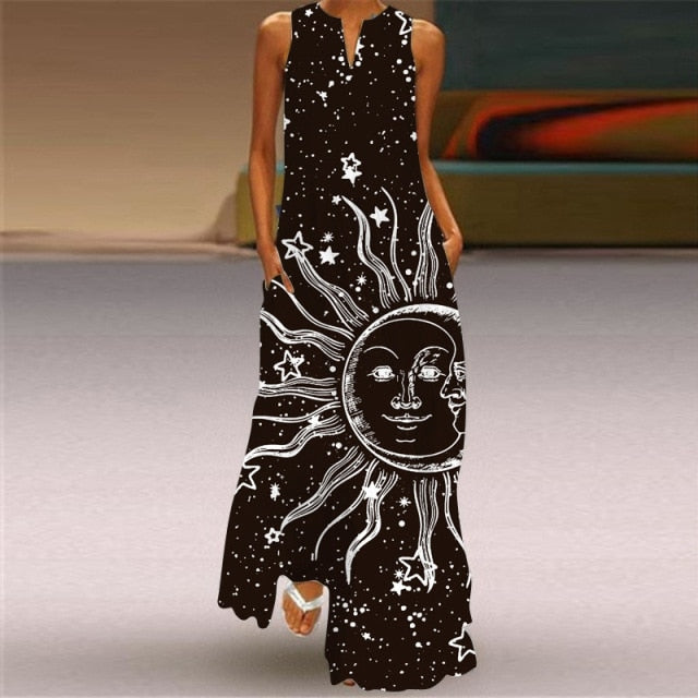 Long Dress Casual A Line Loose Chiffon Beach Party Dress Black Sexy Sleeveless V Neck