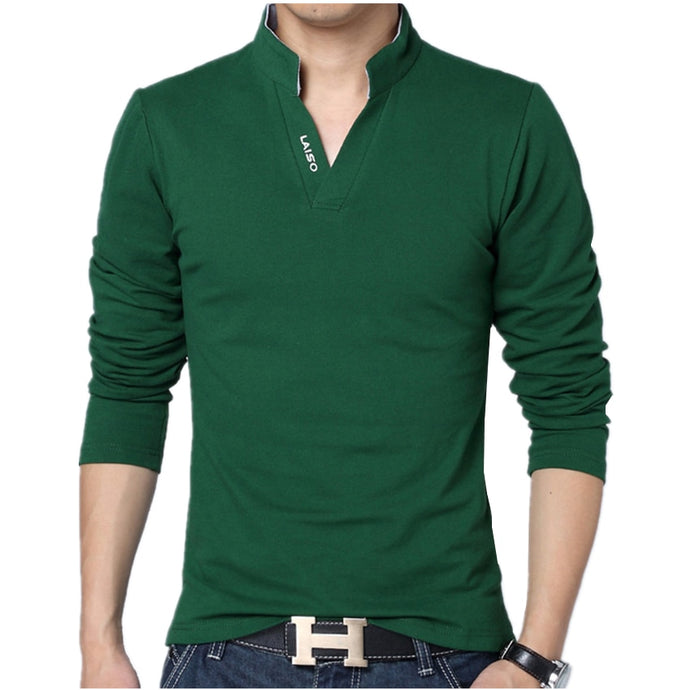 Polo Men Leisure Stand Collar Long Sleeve V Neck Polo Shirts Big Size S-7XL Male Top